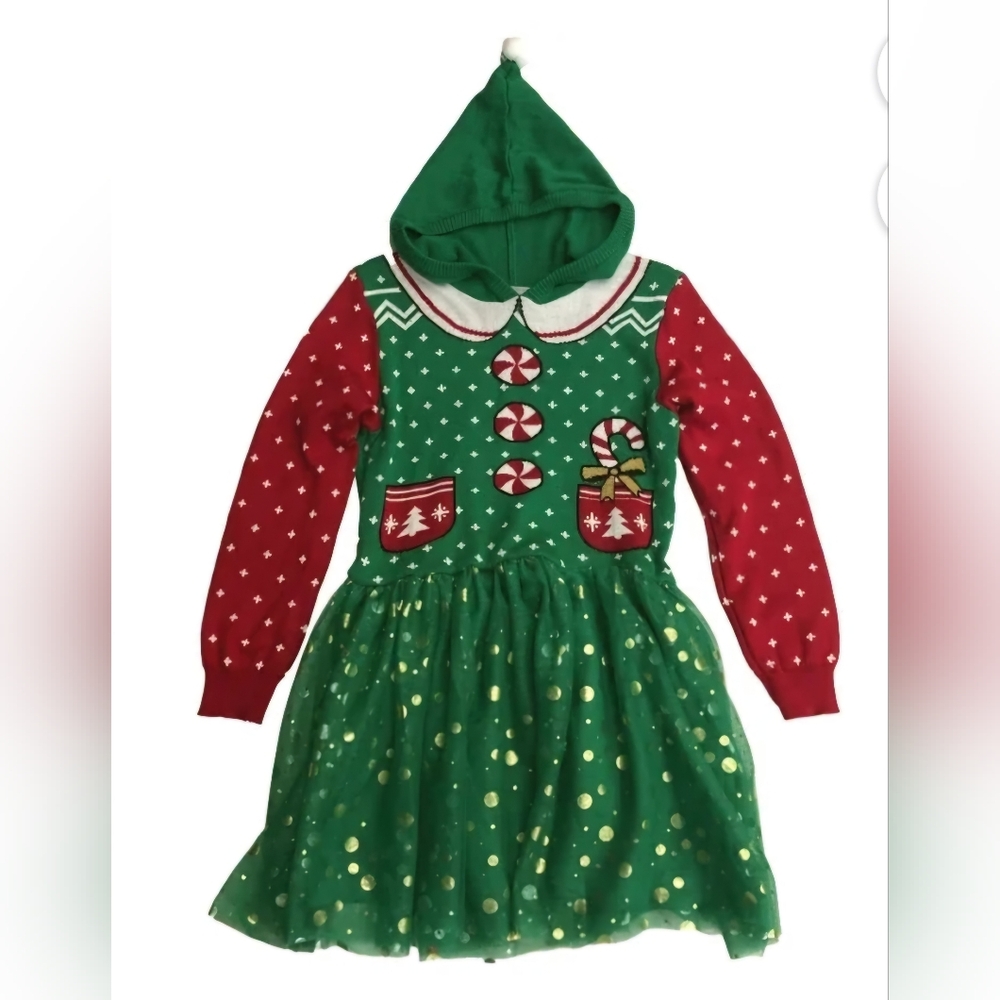 Girls Green & Red Knit Christmas Elf Hoodie Holiday Tulle Dress sz Lg